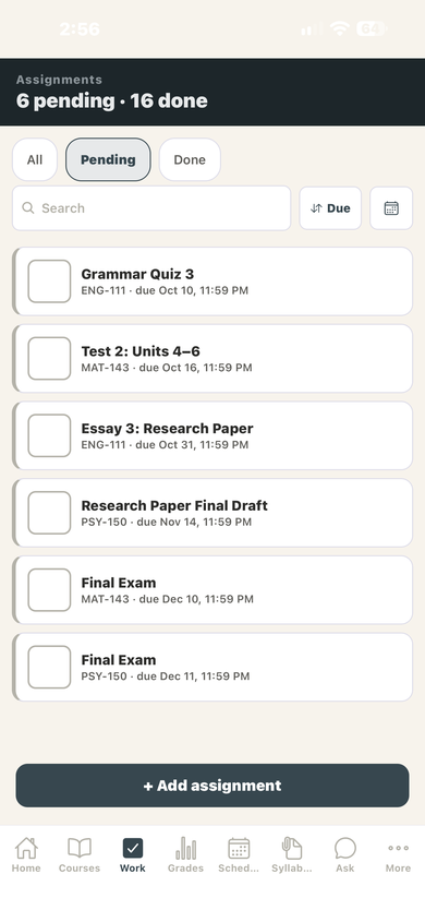 CourseTrack assignments screen showing pending work