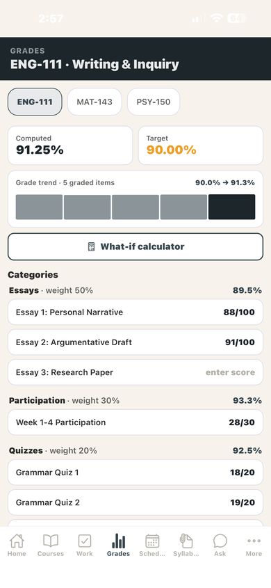 CourseTrack grades screen with weighted categories