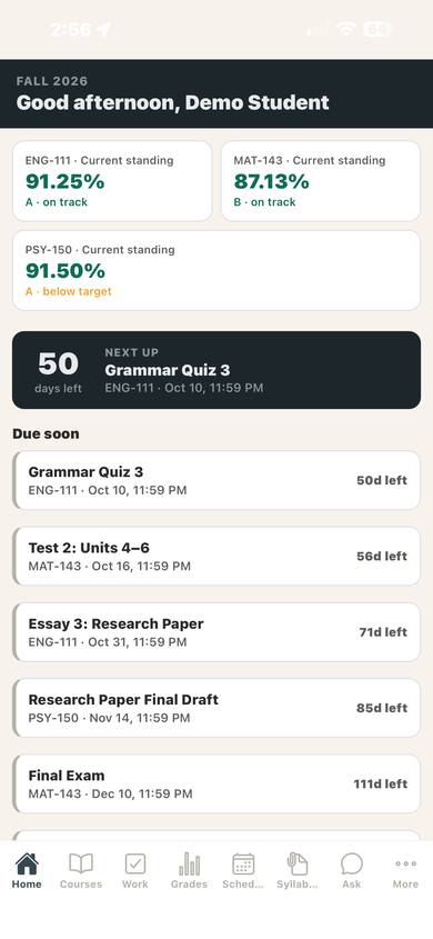 CourseTrack home screen showing grades and upcoming deadlines